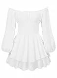 Miolasay Damen Puffkleid mit Rüschen, integrierte Shorts, Spitze, U-Boot-Ausschnitt, lange Ärmel, Volant, Body, schulterfrei, lange Ärmel, mehrlagiges, kurzes Kleid, weiß, S