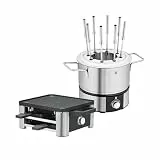 WMF Set 2-teilig Raclette Grill mit Pfännchen und Schiebern, Raclette 4 Personen, 870 W, Edelstahl und Lono Fondueset für 8 Personen, Fondue elektrisch, 1400 W, Temperaturregulierung, Gabel-Halterung