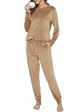 Wikoan Damen Pyjama Frottee Schlafanzug Langarm Zweiteiliger Pyjama Set Warmer Schlafanzug Damen Winter Nachtwäsche Lang Khaki M