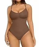 FeelinGirl Shapewear Damen Body Shaper Nahtlos Bauchweg Bodysuit im Slip-Stil Schritt mit Knopfverschluss Miederbody mit Verstellbare Schultergurte Braun XS/S
