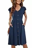 MOLERANI Damen Sommerkleider Rüschen Ärmel V-Ausschnitt Casual Button-Down Taille Midi Kleid mit Taschen Plain Marineblau M