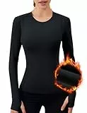 IECCP Thermo Oberteil Damen Langarmshirt Sport Laufshirt Pullover Herbst Funktionsshirt Langarm Wandern Warm Sweatshirts mit Daumenlöche Schwarz S