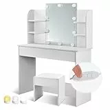 Juskys Schminktisch Bella mit LED Beleuchtung & Hocker Melly - Spiegel, Schublade & Ablagefächer - Holz - Sitzhocker gepolstert, Kosmetiktisch Weiß