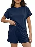 IWOLLENCE Hausanzug Damen Zweiteiler Sport Set Loungewear Damen Tracksuit mit Elastischem Bund und Taschen (Marineblau, L)