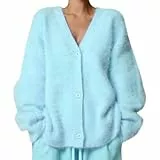 FYHTC Damen Flauschiger Mohair Strickjacke V Ausschnitt Mit Knöpfen Lange Ärmel Flauschiger Strick Offen Vorne Lockere Weiche Strickjacke(Blue,Medium)