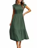CMTOP Sommerkleid Damen Lang Kleider Sommer Casual Flatterärmel Strandkleid Rüschen Gerüschte Maxikleid Rundhals Elastische Taille Sommerkleider Knielang Gestuftes A Linien Kleid(Armeegrün, XL)