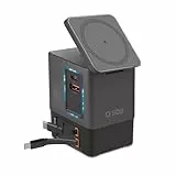 SBS Power Dock 6in1 100W USB-C, Kabelloses Laden 15W, MagSafe-kompatibel, Power Delivery (PD 3.0 PPS), Ladestation mit 2X Einziehbarem Kabel, Netzteil für Notebook, iPhone, AirPods, Schwarz