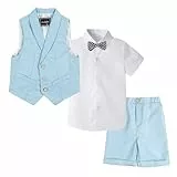 LOLANTA 4-teiliger Kinder Freizeit Anzug Set, Jungen Sommer Festlich Hochzeitsanzug, Kurzarm Hemd, Fliege, Weste, Kurze Hose, Blau, 6-7 Jahre, 140