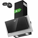 CIARRA CBCB6736C A++ Dunstabzugshaube 60 cm Leise 57 dB 370 m³/h Umluft Abluft Kopffreie Schräghaube mit CBCF002X2 Aktivkohlefilter Aluminium Fettfilter Wandhaube Umlufthaube für Küchen Schwarz