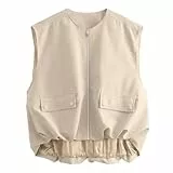 Übergroße Cargo-Weste für Damen, Lässig, ärmellos, Lockere Passform, Durchgehender Reißverschluss, gerüschter Saum, Blazer, Weste, Tops mit Taschen