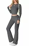 IWOLLENCE Hausanzug Damen Jogginganzug Set Lounge Set 2 Teiler Sportanzug Damen Y2K Outfit Homewear mit Crop Top und Schlaghosen (Dunkelgrau, S)