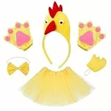 WSOAFVK 5 Teiliges Hühnerkostüm Kinder Set, Gelbes Huhn Outfit mit Tütü Rock Stirnband Handschuhe und Schwanz, Tier Kostüm für Mädchen an Fasching Halloween und Karneval
