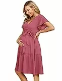 KOJOOIN Damen Umstandskleid V-Ausschnitt Stillkleid Casual Schwangerschafts Kleider mit Rüsche Rosa(Kurzarm) M