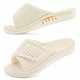 Litfun Orthopädische Damen Hausschuhe mit Memory Foam fussbett, Arch Support Verstellbarer Klettverschluss pantoffeln, Cord offene Zehen slipper Indoor Outdoor, Beige 38 EU