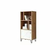 trendteam smart living - Touch - Regal - Weiß/Eiche - Standregal mit 1 Tür und 4 offenen Fächern - Fronten mit dekorativer Fräsung - (BxHxT) 63 x 136 x 40 cm- extravagante schwarze Metallfüße
