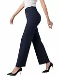Glacspyg Damen Hohe Taille Straight Freizeithosen Elastische Business Arbeitshosen Elegante Stretch Weite Hosen mit Taschen Marineblau XL