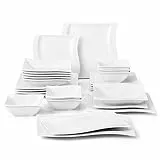 MALACASA FLORA Teller Set für 6 Personen, 26-tlg Geschirrset aus Porzellan, Tafelservice Eckig inkl. 6x Speiseteller, 6x Dessertteller, 6x Suppenteller, 6x Schüssel, 2x Servierplatte, Weiß