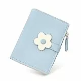 SNCCJ Süß Portemonnaie Damen, Bifold Leder Klein Geldbörse Damen mit RFID Schutz, Geldbeutel Mädchen mit Reißverschluss Münzbeutel (Blaue Blumen)