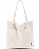 Prite Handtasche Damen Tote Bag Shopper Groß Umhängetasche Cord Beuteltasche Stofftasche für College Schule Arbeit Reisen Einkaufen (Beige)