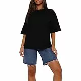 OOHOKAY Oversize Damen T-Shirt Basic Einfarbig Rundhals Kurzarm Oberteile Baumwolle Breite Schulter Tshirt Tops Casual Lockere Sommer Tee Shirts(Schwarz-K1,M)