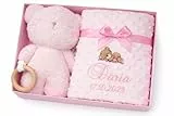 Generisch Personalisiertes Baby Geschenkset Rosa mit Name, Babydecke 75x100 cm und Teddybär mit Holz-Beißring, Geschenk zur Geburt für Mädchen in Geschenkbox