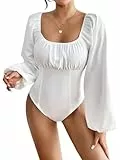 GORGLITTER Damen Bodys Elegant Langarm Bodysuit Blusenbody Hohe Taille Langarmshirt mit Puffärmeln Overall Freizeitshirt Schmal Tops Weiß XL