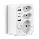 HANYEAL Mehrfachsteckdose mit USB Netzstecker,Doppelstecker für USB C Steckdose, Steckdosenadapter,Reiseadapter 4 USB (2×A + C) 3.4A Schnellladung, Sicherheitsschalter & LED – Kompakt für Reisen/Haus