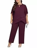 Hanna Nikole Damen Große Größen Hosenanzug Cape Sleeve Zip Rhinestones Loose Round Neck Wide Leg Pants Chiffon Comfortable Lined Festival Summer Elegant High Waist Weinrot 50