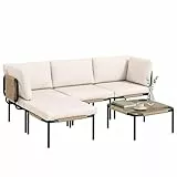Outsunny Polyrattan Gartenmöbel Set 5-teilig Lounge Set mit 3 Sessel Glastisch Hocker Breit & Tief Sitz abnehmbar Kissen, modulare Sitzgruppe für 4 Personen Lounge Möbel für Garten Terrasse Khaki