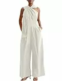 CHERFLY Jumpsuits für Damen, lässiger Sommer, ärmellos, lockerer Overall, mit drapiertem, weitem Bein, Hose mit Taschen, Outfits, Helles Weiß, Small
