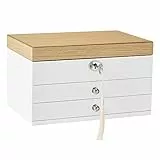 SONGMICS Schmuckkästchen 3 Ebenen, Schmuckkasten, Schmuckschatulle, großer Spiegel, 2 Schubladen, abschließbar, Geschenkidee, für Ringe, Ohrringe, Armbänder, Halsketten, weiß-holzfarben JOW15WN