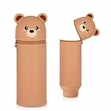 Silikon Federmäppchen mit Tierdesign - Süßes 2-in-1 Schulmäppchen aus weichem Silikon | Federmappe & Stiftehalter | Schlampermäppchen für Schule, Büro (Braunbär)