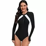 IBTOM CASTLE Damen Rashguard Langarm Einteiler Badeanzug UV-Schutz Reißverschluss Bademode Bauchkontrolle Surfen Badeanzug, Weiss/opulenter Garten, S