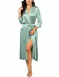 Ekouaer Bademantel Damen Lang Leicht Satin Morgenmantel Damen Brautjungfern-Hochzeitsfeier Seidenroben Nachtwäsche mit Taschen Kimono, Seladongrün, XXL