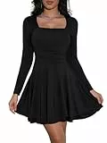Cicy Bell Damen Kleider Langarm Quadratischer Ausschnitt Partykleid Rüschensaum Korsett Minikleid Geraffte Taille Kleid Kurz Elegant Bodycon Schwarz L