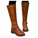 Generisch Kniehohe Stiefel Für Damen Mit Weiter Wade,Damen Mid-Calf Winterstiefel,Einfarbig Blockabsatz Reißverschluss Warm Runde Schuhe Rutschfeste Damenstiefel