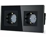 TAWOIA Schuko Steckdose, EU-Standard 2 Fach Glas Unterputz Steckdose 16Amp 250 V, Wandsteckdose mit Kristallglasplatte Schwarz 86×157mm