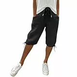 Generic Damen Sommer Shorts aus Baumwollleinen, Kurze Hosen Damen Sommer, Lockere Grosse Elastische Taille Freizeit Kurze Frauen Knielang Bequeme Wandershorts Lässige Strandshorts, Schwarz, M