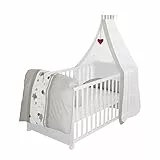 roba Babybett Set Adam & Eule - 70 x 140 cm - Mitwachsendes Kinderbett mit Bettwäsche, Himmel, Matratze - Höhenverstellbar - zu Juniorbett umbaubar - Holz weiß