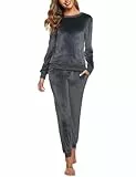 Wayleb Pyjama Damen Schlafanzug Flanell Hausanzug Herbst Winter Lounge Wear Lang Zweiteiliger Freizeitanzug Rundhals Langarm Oberteile mit Pyjamahose mit Tasche Homewear 2er Set, Grau M