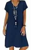 Tincini Sommerkleid Damen Leinen Kleider Casual V-Ausschnitt Midikleid Kurzarm A-Linie Kleid Strandkleid Ohne Zubehör (A Marine, XL)