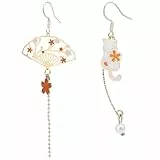 Niedliche Rosa Sakura Fächer Ohrringe mit Katzenanhänger Statement Frühlingsfloralschmuck Kirschblüten Accessoires Geschenke für Damen (Weiß)