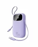 Baseus Powerbank 20000mAh 45W mit integriertem USB-C Kabel, QPow3 Power Bank PD3.0 QC4.0 Externe Handyakkus, 3 USB-C, 1 USB-A, Portables Ladegerät für iPhone 16/15/14 Pro Max, iPad, Galaxy, Lila