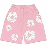 Shorts Herren Sommer Blume Unisex Y2K Hip Hop Strandshorts mit Taschen Kurze Hose Beach Shorts mit Kordelzug und Taschen Blumendruck Elastische Taille Sportshorts Pink M
