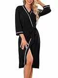 Wikoan Damen Morgenmantel Unisex Bademantel Leichter Kimono Morgenmantel V-Ausschnitt Lang Bademantel für Loungewear Pflege Schwangerschaft Schwarz L