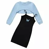 Naiyafly 2-teiliges Mädchen-Outfit, langärmeliges Crop-Top und Cami-Kleid-Set, Teenager-Mädchen-Pullover-Sweatshirt + figurbetontes Kleid mit Schmetterlings-/Karomuster