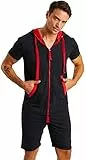 Björn Swensen Jumpsuit Herren kurz Sommer Baumwolle Jogginghose Kurze Hose Overall Onesie Männer T-Shirt Kapuze Sommerjumpsuit Schlafanzug Jogginganzug BS-3010 Anthrazit-Rot Small