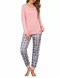 Leversic Schlafanzug Damen Lang Kariert Zweiteiliger Pyjama Set, Rundhals Oberteil und Schlafanzughose Loungewear Hausanzug Baumwolle Nachtwäsche, 1077-Rosa, M
