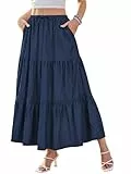 DJT Rock Damen Spitzenbesatz Boho Maxirock Elastisch Taille Casual A-Line Elegant Lang Röcke mit Taschen Denimblau Large