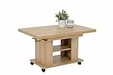 Hela Tische, Funktionscouchtisch Sofatisch Jakob, Holzoptik melaminbeschichtet, Eiche, höhenverstellbar 51-61cm, ausziehbar 90-142cm, auf Rollen